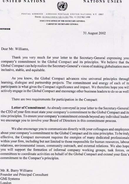 UN Letter confirming commitment to the Global Compact